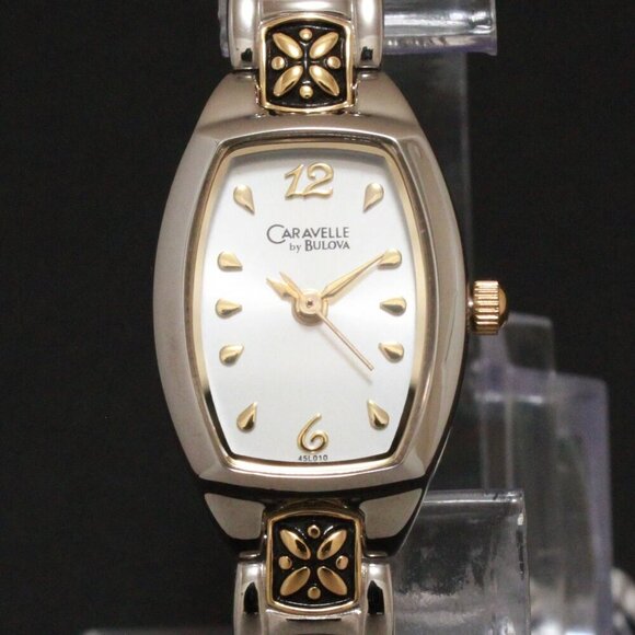 Caravelle Ladies Casual Quartz Watch Two Tone Raised Floral Design 17mm - Picture 9 of 12